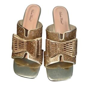Valenti Franco Becci-3 Womens Gold Rhinestone Bow‎ Block Heel Slide Mules 8.5M